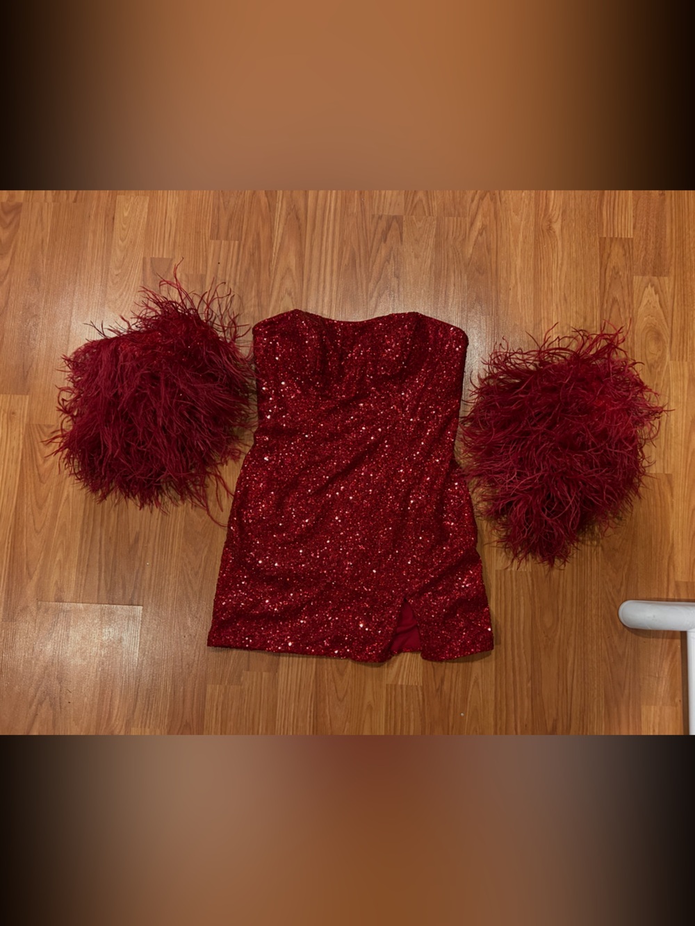 Ava Presley 28202 Burgundy Sequin dress with Feather sleeves